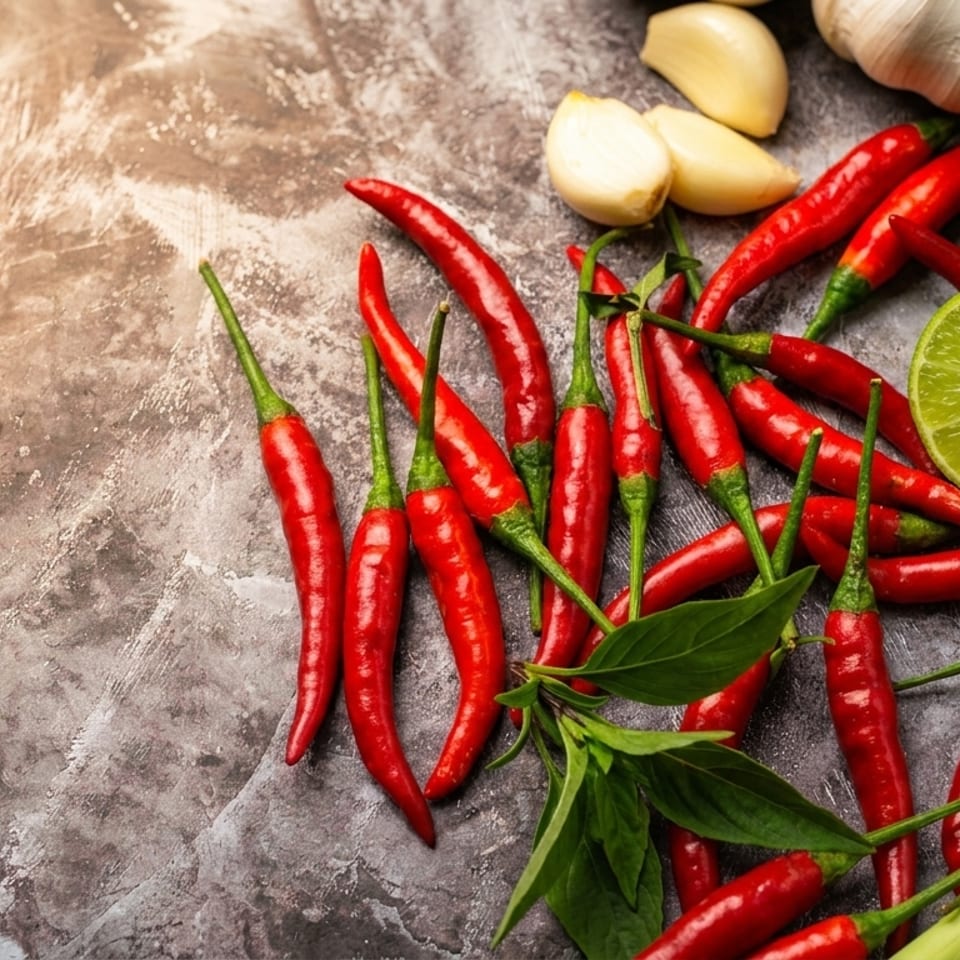 Red chili peppers, limes, garlic, and green onions arranged on a textured gray surface.