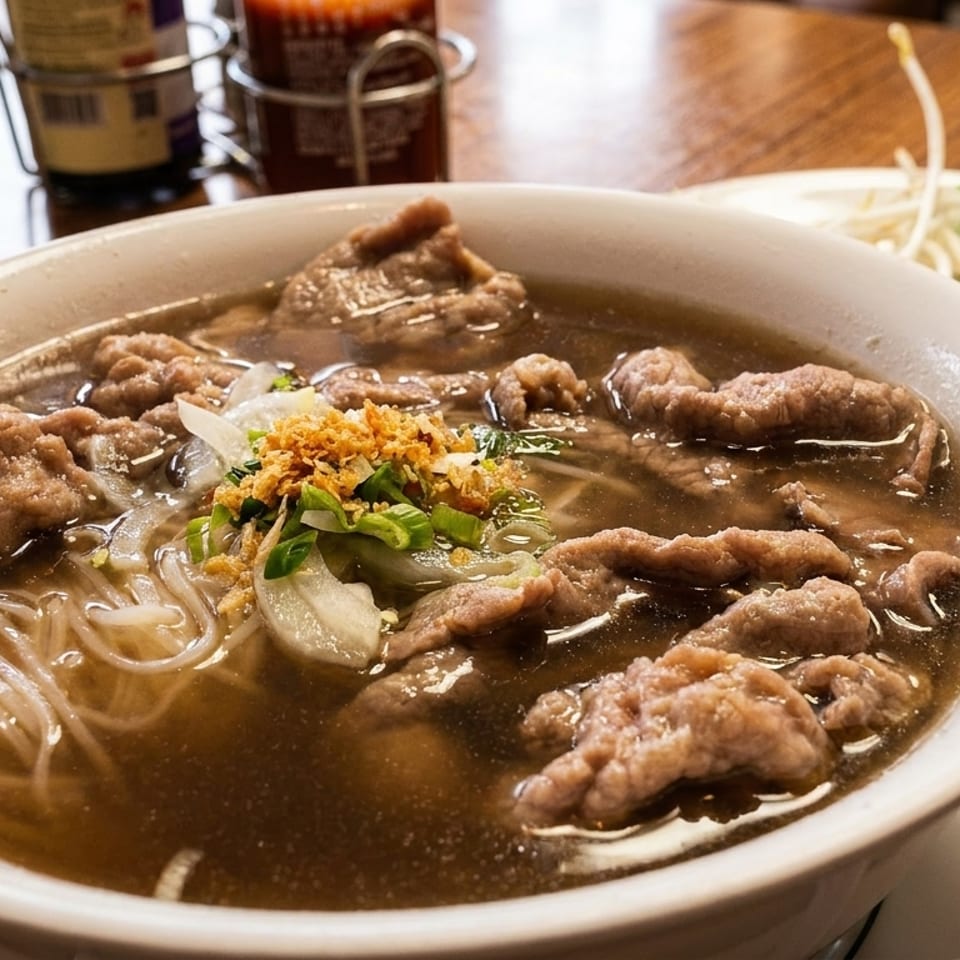 Bowl of Vietnamese beef noodle soup with sliced beef, rice noodles, onions, herbs, and crispy garlic on a wooden table.
