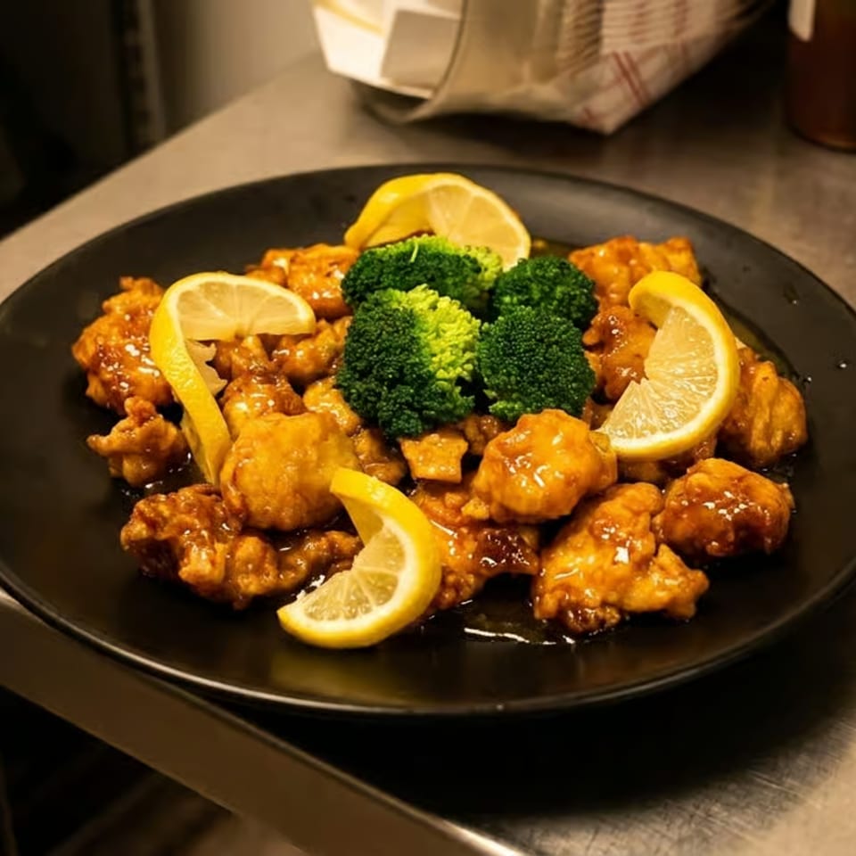 Glazed golden-brown chicken pieces garnished with broccoli and lemon wedges on a black plate in a restaurant kitchen.