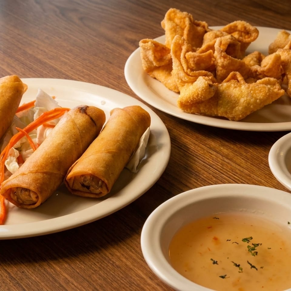 Plates of crispy spring rolls, crab rangoon, and two bowls of dipping sauce on a wooden table.