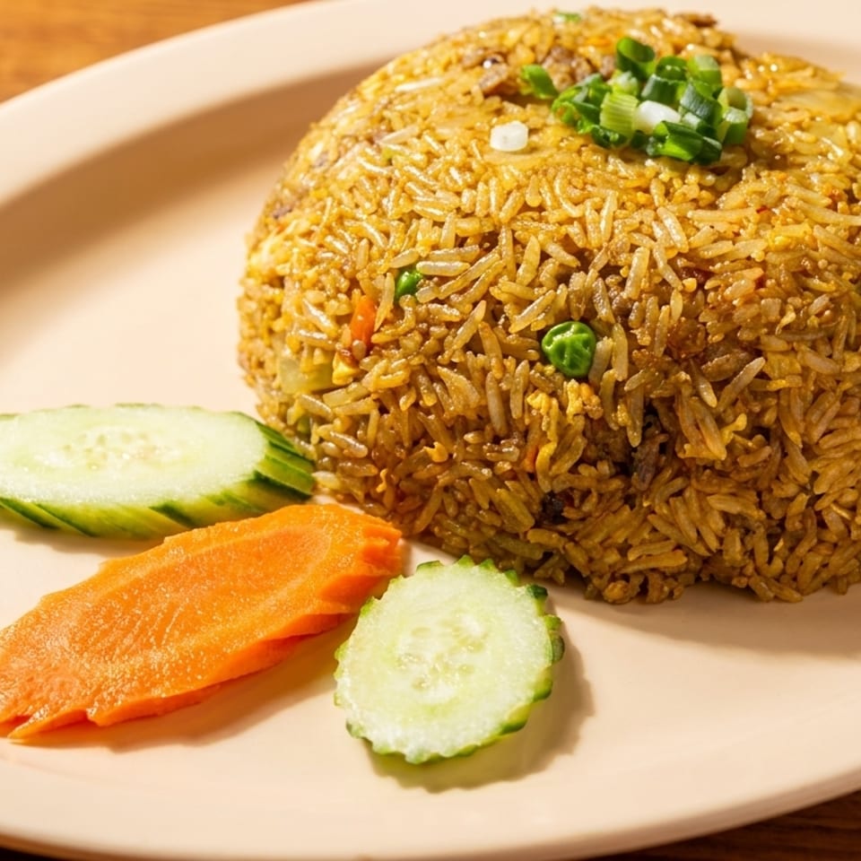 Spiced fried rice molded into a dome, topped with scallions and served with sliced cucumber and carrot on a plate.