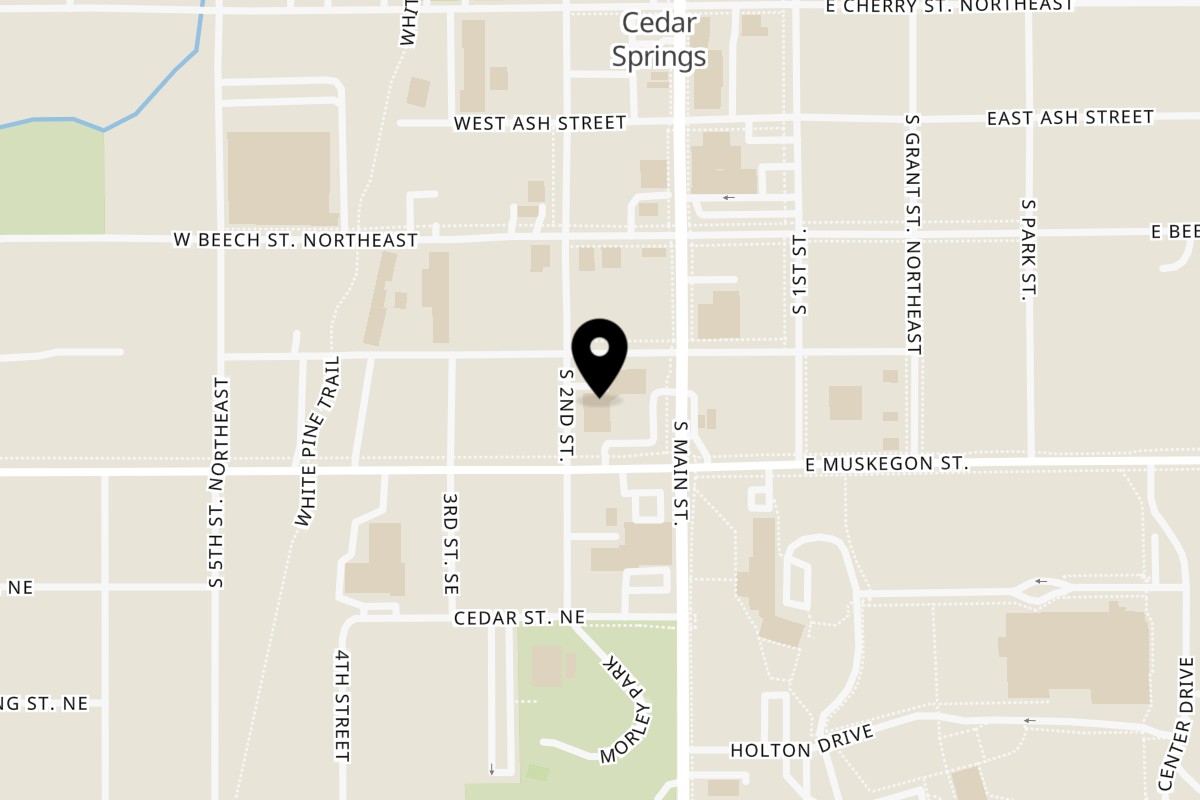 Map showing the location of Jasmine's Thai Restaurant on 151 S Main #8 in Cedar Springs